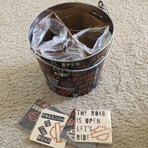 Harley-Davidson Black and Orange Metal Bucket with Glass Cups and Coasters New